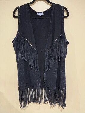 Boho western rhinestone fringe acid wash vest